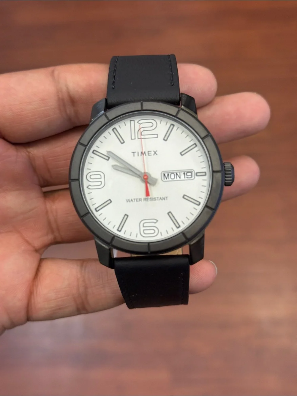 Timex Black Leather Strap Watch with White Dial and Red Seconds Hand Mens Watch